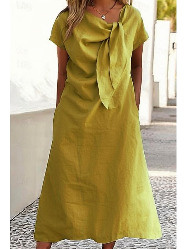  Femmes Robe Midi Robes inspirées du lin Robe en coton et lin Mode Classique Extérieur Fête Week-end Coupe régulière Uni Manche Courte Col ras du cou Jaune Orange Vert Kaki Été