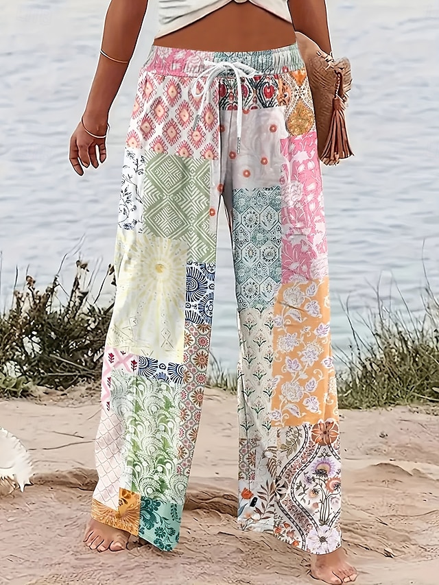  Dam Brett skaft Kinesiska Säckiga byxor Semester Vintage Mode Fullängd Hög midja Grafisk Geometrisk Paisley Tryck Microelastisk Formell Semester Gata Rosa Blå Purpur Grön Sommar Vår Normal
