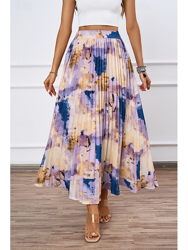  Femmes Jupe Mode Maxi Taille Basse Jupes Teinture par nouage Plissé Imprimé Micro-Élastique Vacances Décontracté Quotidien Violet Été Polyester