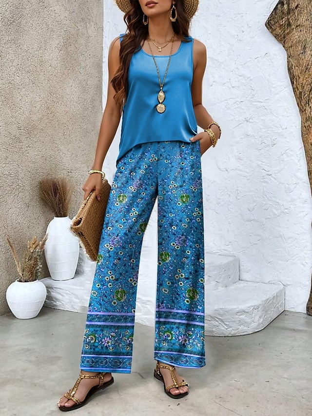  Ensembles de pantalons pour femmes Vacances Mode Quotidien Sans manches Col rond Col U Graphique Floral Décontracté Quotidien Week-end Rouge Bleu Violet Été Ajustement régulier