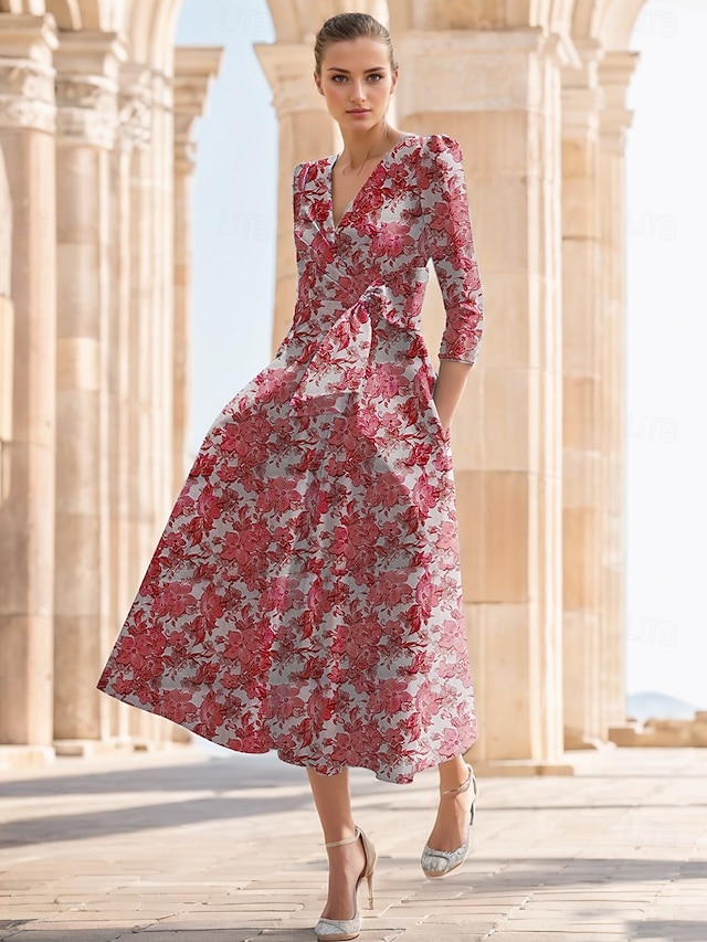  Jacquard Blomst A-Line Cocktailkjoler Elegant Formell Bryllup Ankellengde Halv Erm V Hals Nylon Print Slipp Lomme Bryllupsgjest Kjole