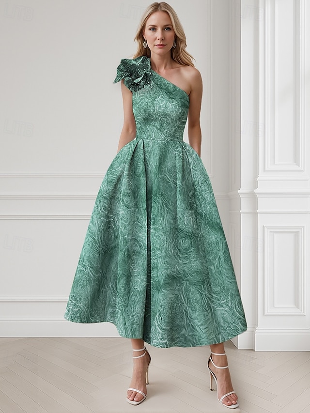  Jacquard Groen Blauw A-Lijn Cocktailjurk Elegante Jurk Formele Bruiloft Gast Enkellengte Mouwloos Één Schouder Nylon met Zak Schouderbloem Bruiloft Gast Jurk