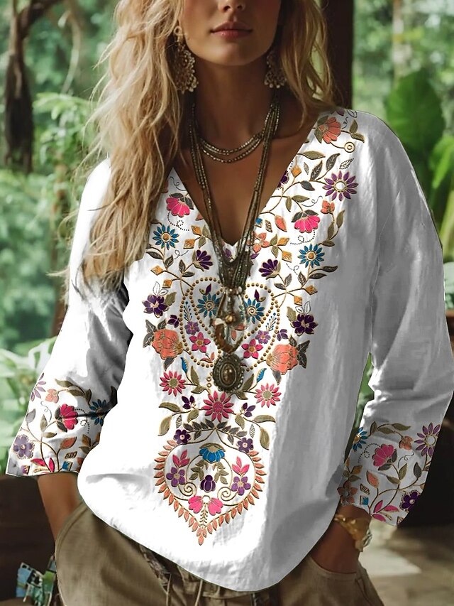 Women's Blouse Floral Graphic Paisley Bohemia Vintage Tropical 3/4 Length Sleeve V Neck Regular Tops Ruched Embroidered Print Black White Summer Spring3
