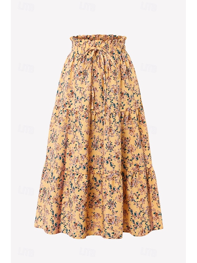  Femmes Jupe Bohème Boho Midi Taille Basse Jupes Fleuri Imprimé Micro-Élastique Rue Sortir Noir Blanche Jaune Rouge Été Polyester
