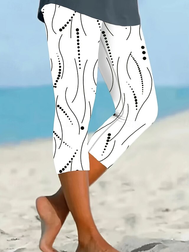 Women's Leggings Capri Pants High Elasticity Vacation Vintage Fashion Calf-Length High Waist Graphic Polka Dot Printing Thermal Warm Breathable Soft Stretchy Outdoor Street Daily White4