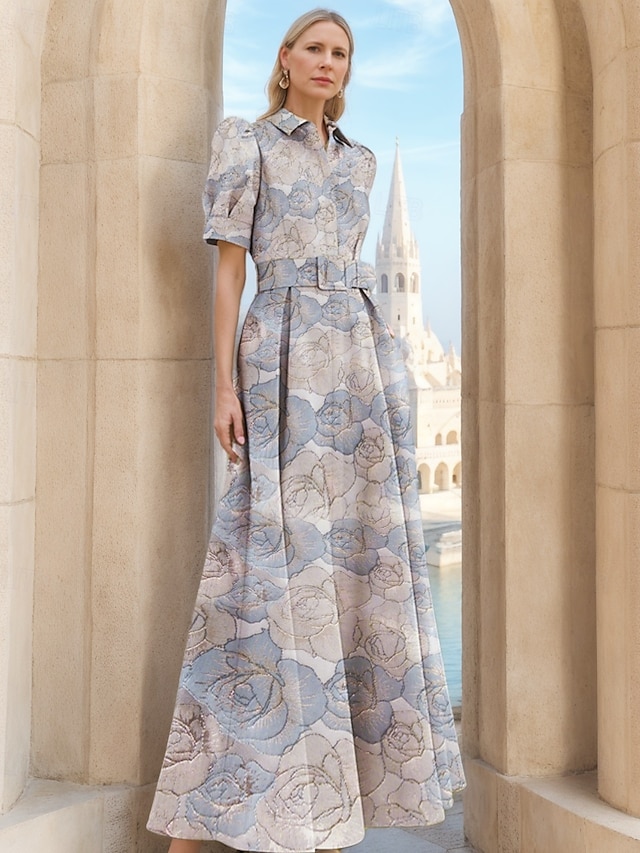  Jacquard Brokade Blomstrete Blå A-Linje Kveldsdrakt Elegant Kjole Formell Bryllup Gulvlengde Korte Ermer Skjortekrave Nylon med Splitt Lomme Bryllupsgjest Kjole