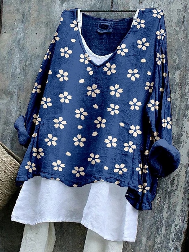  Per donna Blusa Floreale Grafico Elegante Casual Manica 3/4 Scollo a V Top Regolari Quotidiano Blu marino Azzurro cielo Bianco sporco Estate Primavera