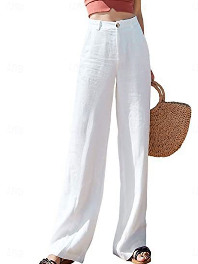  Women's Wide Leg Baggy Pants Solid Color Fashion Basic Full Length High Waist Plain Pocket Comfort Outdoor Micro-elastic Vacation Street Daily Deep Green Black White Summer Spring Regular Fit