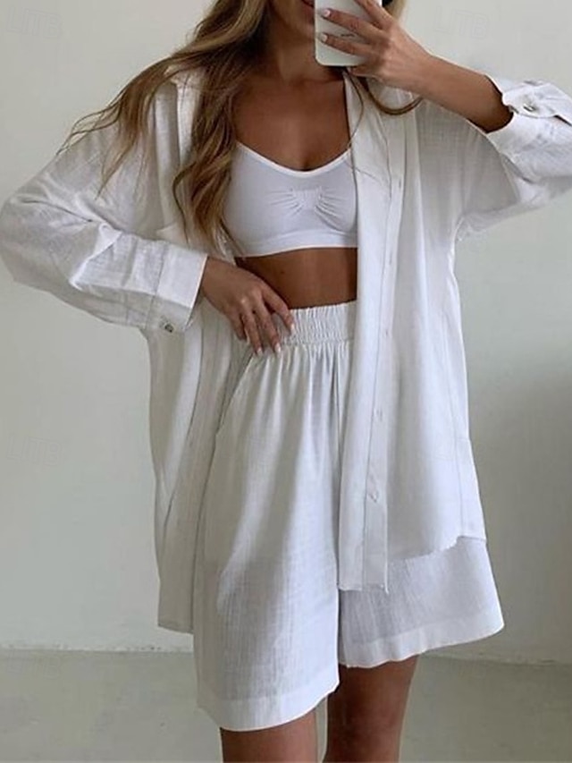  Femmes Mode Streetwear Ensembles en coton et lin Ensembles deux pièces Ensembles de Shorts Manche Courte Col de chemise Uni Tenue quotidienne Date Blanche Bleu Orange Été Coupe régulière