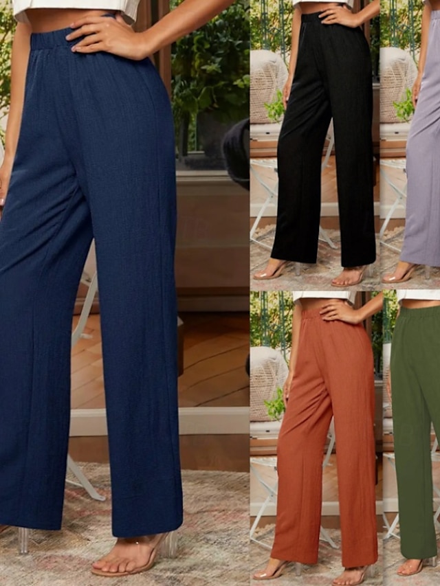  Mulheres Calças de linho de algodão Calças Roupa de rua Casual Comprimento total Natural Tecido Cintura elástica Confortável Casual / Diário Final de semana Cinzento Azul Marinho Preto Verde Tropa