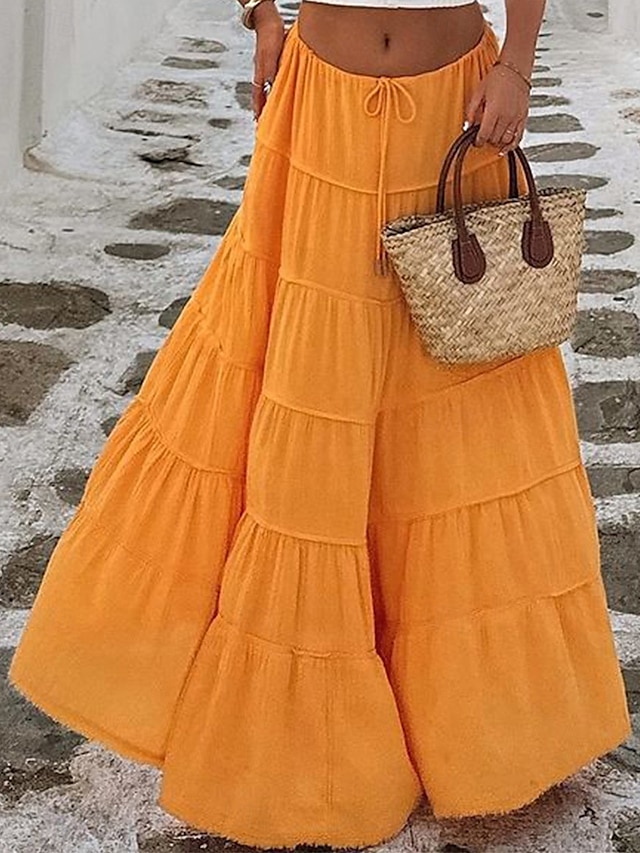  Jupe Femme Jupe Maxi A-Line Couleur Unie Mode Décontractée Maxi Taille Haute Jupes Unies Poche Impression Micro-Élastique Rue Quotidienne Noir Blanc Orange Vert Été Mélange Polyester Coton