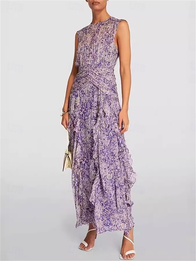  Bruiloft Gast Jurken A-Lijn Crew Neck Mouwloos Maxi Lengte Chiffon Bloemenprint Bruidsjurken Met Ruffles