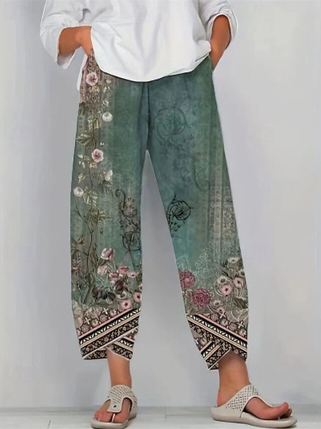 Women's Pants Trousers Harem Pants Ethnic Boho Full Length Mid Waist Flower / Floral Elastic Waist Breathable Comfortable Micro-elastic Street Daily Wear Going out Blue Blue Green Khaki Summer4