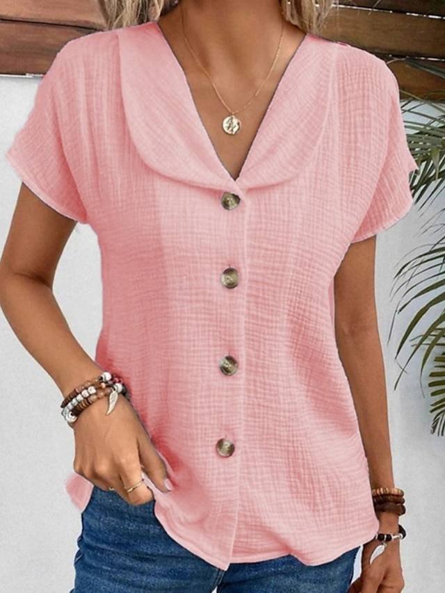 Kvinders skjorte button down blouse ensfarvet daglig stilfuld basic kortærmet skjorte button down blouse krave regular tops daglig knapper hvid pink blå abrikos sommer