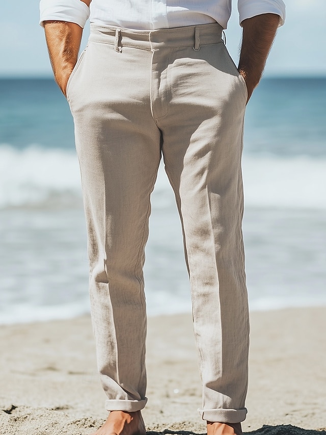 Calças de linho masculinas, calças sociais, calças de verão, pernas retas, lisas, respiráveis, casuais, diárias, férias, ajuste padrão, cáqui, bege