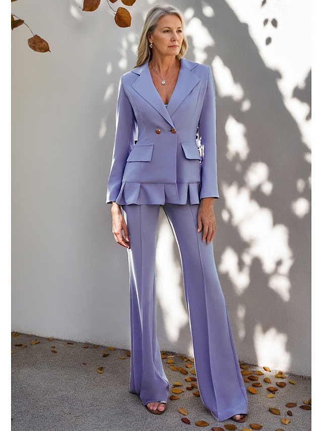  Ensemble de pantalon deux pièces mère de la mariée élégant simple minimaliste col en V avec revers longueur totale crêpe manches longues avec volants boutons en métal printemps été 2025