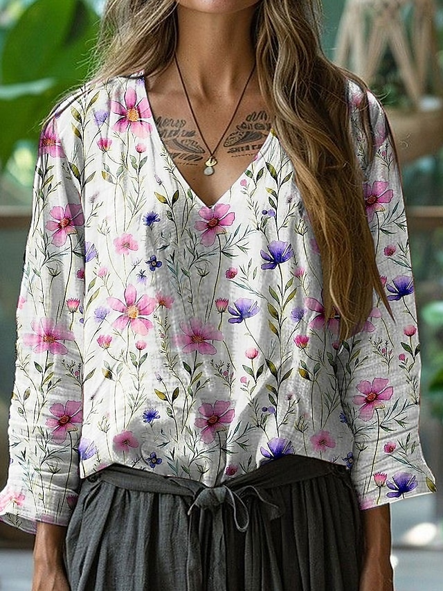  Dame Bluse Blomstret Grafisk Stilfull Fritid 3/4 ermer V-hals Vanlige topper Daglig Rosa Blå Grønn Sommer Vår