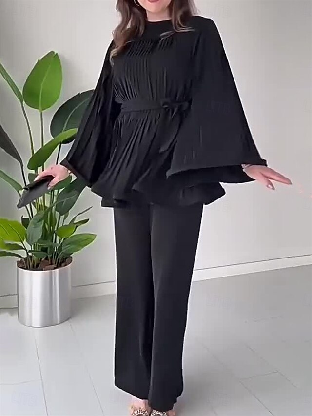  Hosenanzug Brautmutterkleid Elegant Rundhalsausschnitt Bodenlang Polyester Langarm mit Schärpe / Band 2025
