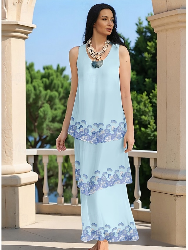   Sheath  Säule Brautmutterkleid Elegant Einfach Rundhals Bodenlänge Chiffon Spitze Ärmellos mit bestickten Spitzen fallenden Rüschen