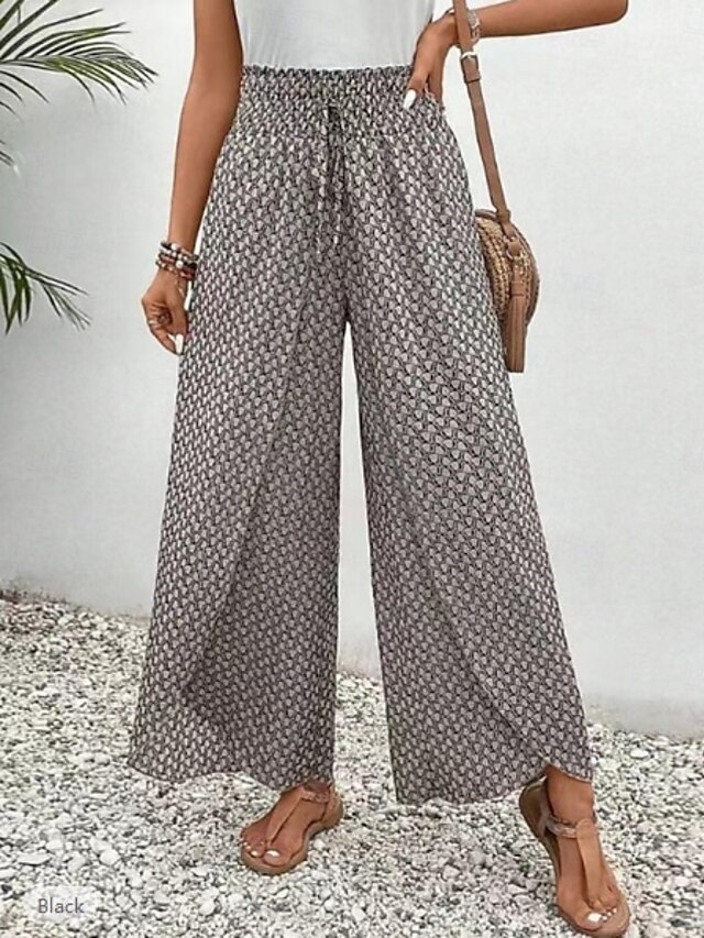  Pantalons Baggy en Coton Lin Femme Chino à Jambes Larges Vacances Mode Streetwear Longueur Complète Taille Haute Géométrique Poche Ceinture Élastique Confort Doux Agréable Micro-élastique Extérieur