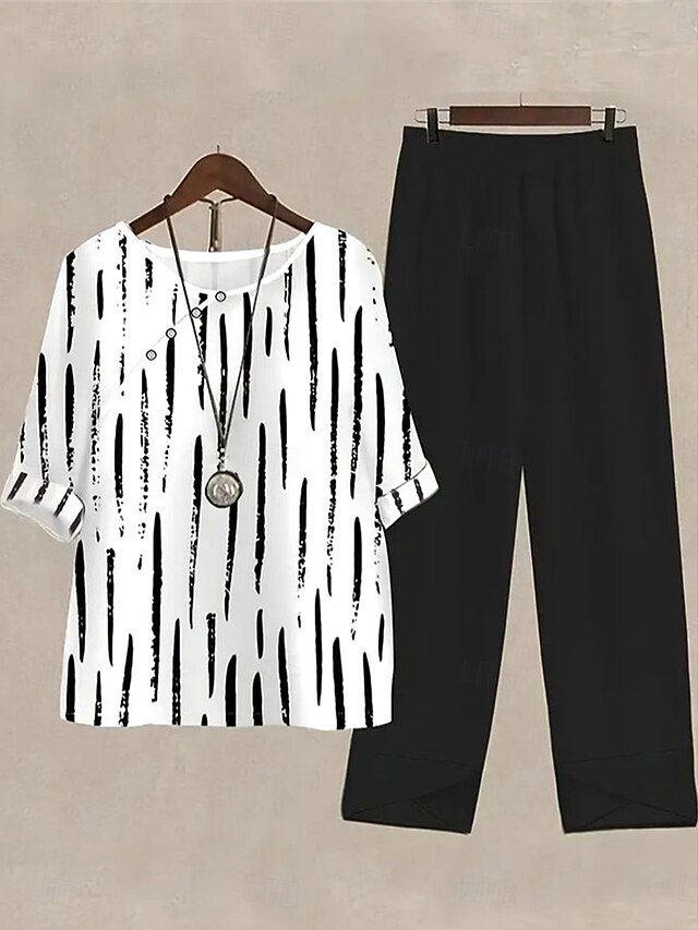 Women's 2 Pieces Basic Shirt Pants Sets Half Sleeve Round Neck Graphic Geometric Polka Dot Print Holiday Weekend Black Summer Regular Fit4