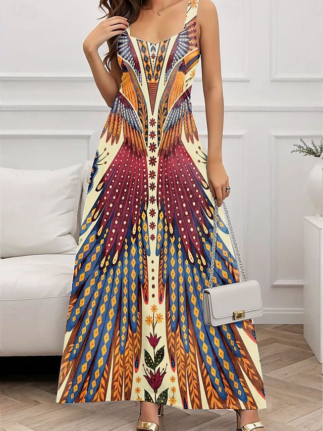  Femmes Robe maxi Robe trapèze Robe d'été Robe à épaules dénudées Vacances Occasionnel Soirée Date Coupe régulière Fleuri Graphique Sans manches Col carré Noir Orange Vert Été Printemps