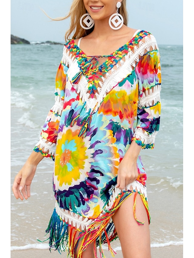  Women's Swimwear Cover Up Swimsuit Fringe Hem Tropical Beach Wear Flower V Wire Long Sleeve Bathing Suits