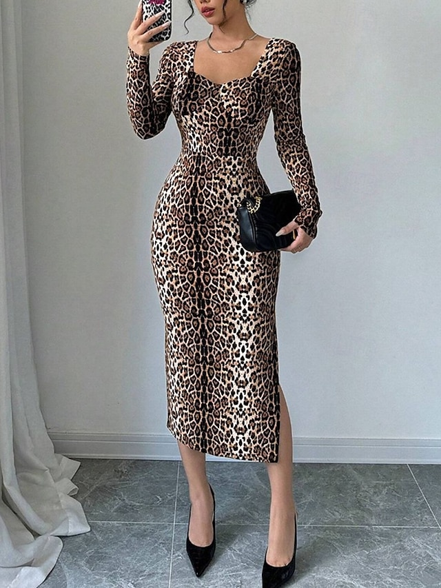  Mujer Vestido Midi Vestido informal Vestido Estampado Moda Clásico Moderno Exterior Vacaciones Festivos Ajuste regular Leopardo Manga Larga Escote en Pico Marrón Verano Primavera