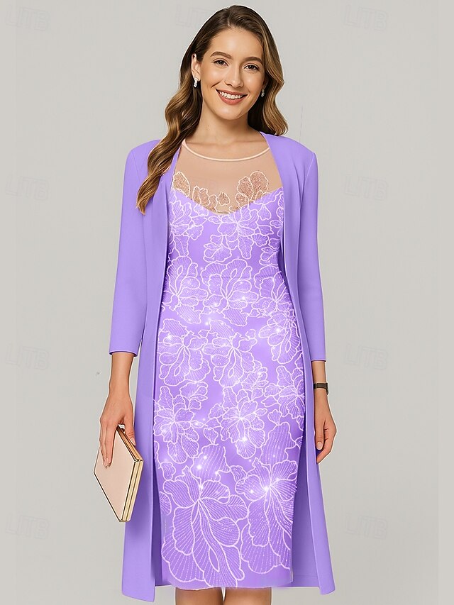  Zwei-Teile Kleid Sets Kleid der Mutter der Braut Elegantes Illusion Dekolleté Knielang Chiffon Halblangarm mit Paillettenstickerei