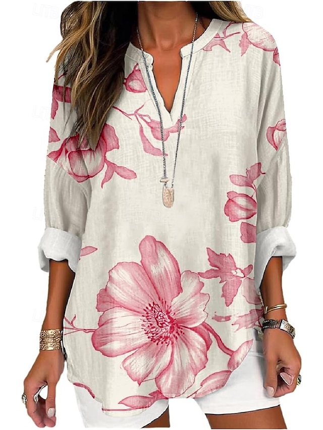  Per donna Camicia Boho Floreale Grafico Elegante Casual Boho Manica Lunga Scollo a V Top Regolari Quotidiano Uscire Patchwork Stampato Rosa cipria Rosa Vino Verde militare Rosso Primavera, Autunno