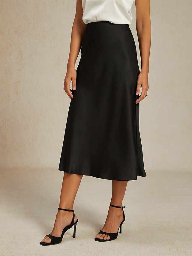  Damen Rock Elegant Mode Geschäftlich Midi Mittlere Hüfthöhe Röcke Einfach Arbeitskleidung Hochzeitsgast Schwarz Sommer Satin