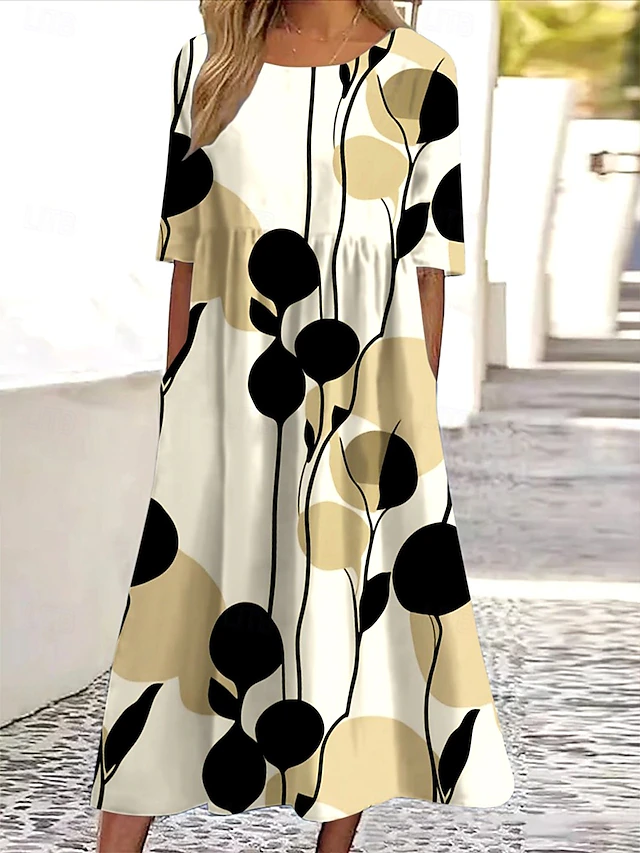 Women's Midi Dress Casual Dress T Shirt Dress Tee Dress Sundress A Line Dress Bohemia Vacation Vintage Regular Fit Floral Graphic Geometric Short Sleeve Crew Neck Khaki Summer4