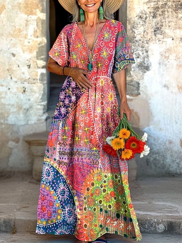 Women's Long Dress Maxi Dress Casual Dress Summer Dress Boho Dress Vintage Vacation Daily Weekend Regular Fit Floral Color Block Short Sleeve V Neck Red Green Summer4