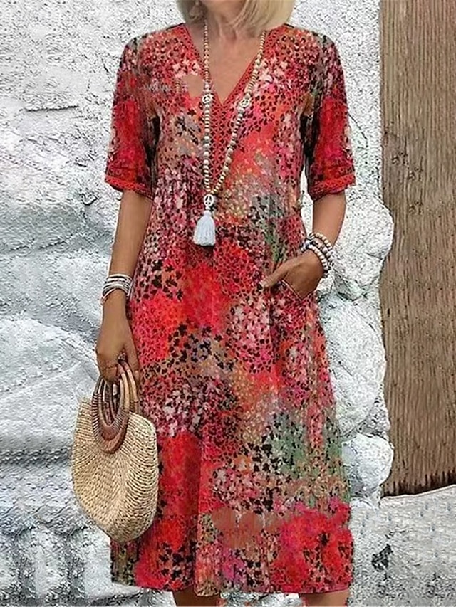  Femmes Robe Midi Robe trapèze Robe d'été Occasionnel Quotidien Coupe régulière Graphique Léopard Demi Manches Col en V Rouge Bleu Violet Fuchsia Été