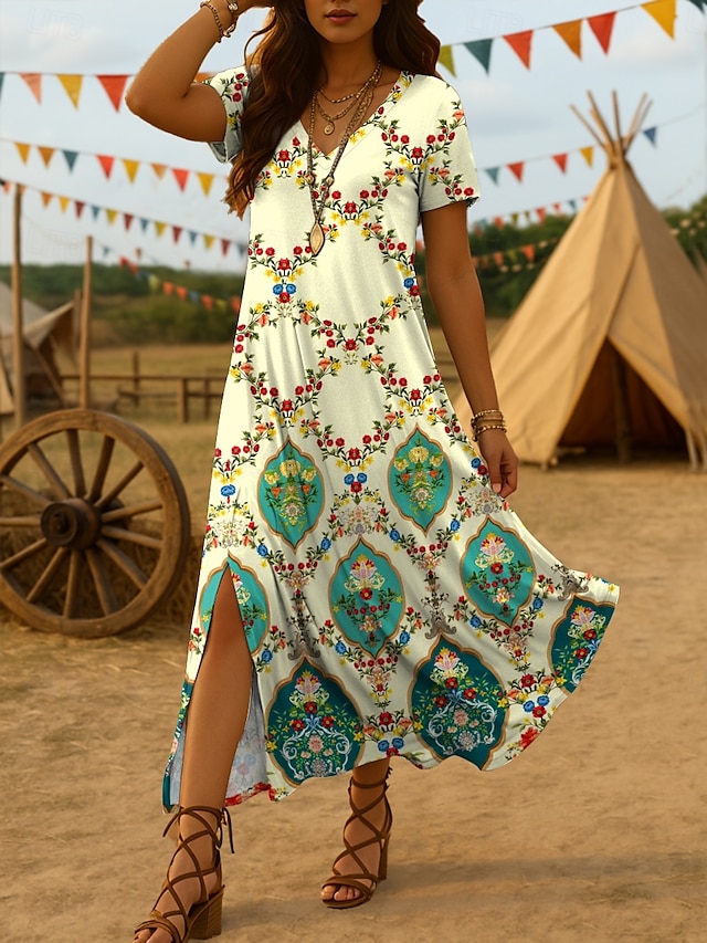  Femmes Robe Midi Robe d'Été Robe d'été Vacances Occasionnel Boho Sortir Plage Coupe Ample Graphique Tribal Manche Courte Col en V Jaune Bleu Violet Été Printemps