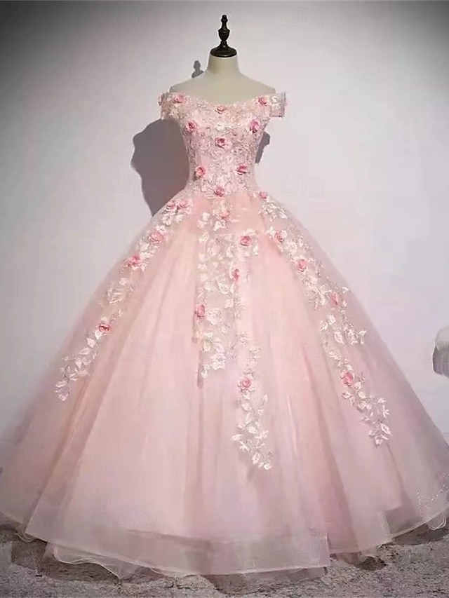  Rochii de Bal A-Line pentru Quinceanera Rochie Elegantă Nunți Invitat La Nuntă Lungime Pământ Sleeveless Off Shoulder Poliester Fără Spate cu Imprimeu Floral Plisate