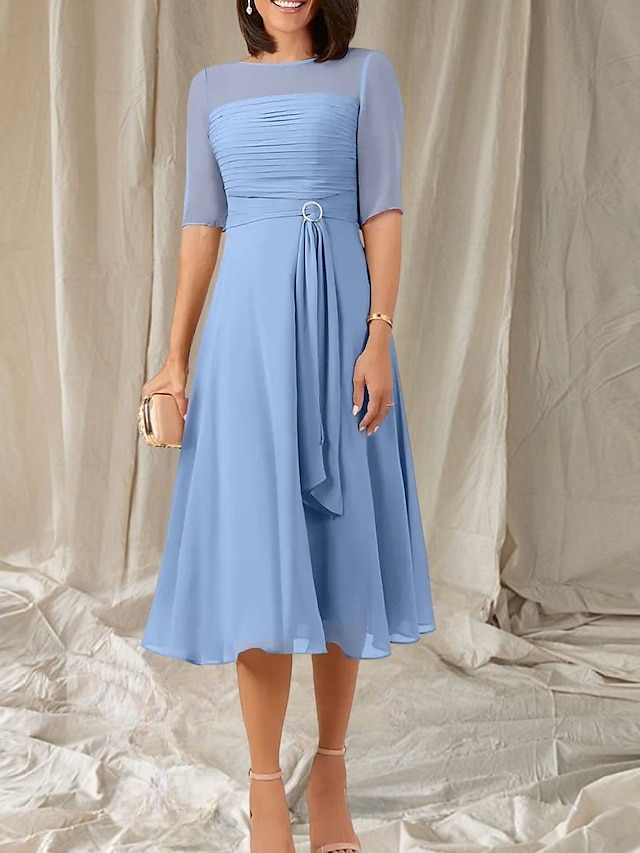  Robe Mère de la Mariée A-Line Invité de Mariage Élégante Col Ras du Cou Longueur Thé Chiffon Manches Mi-longues avec Sash  Ruban Robe Midi Froncée