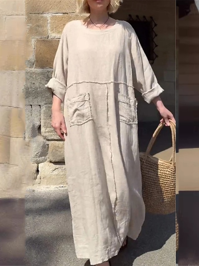  Woman's Maxi-Kleid Sommerkleid Leinen Lässig Täglich Regulär Passform Grafik Einfarbig Lange Ärmel Rundhals Schwarz Rot Blau Beige Sommer