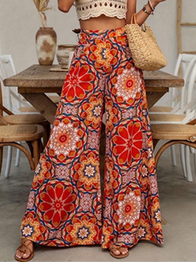  Mulheres Perna larga Calça larga Calças Férias Boho Comprimento total Cintura Alta Flor Cintura elástica Respirável Confortável Micro-Elástica Rua Roupa Diária Para Noite Laranja Verão Normal
