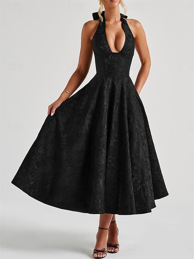  Rochie A-line Rochie Jacquard Rochie Semi-formală Rochie cocktail Lungime midi Fără mâneci Guler halter Fundiță Spate descoperit cu detaliu cu dantelă Rochie pentru invitați la nuntă