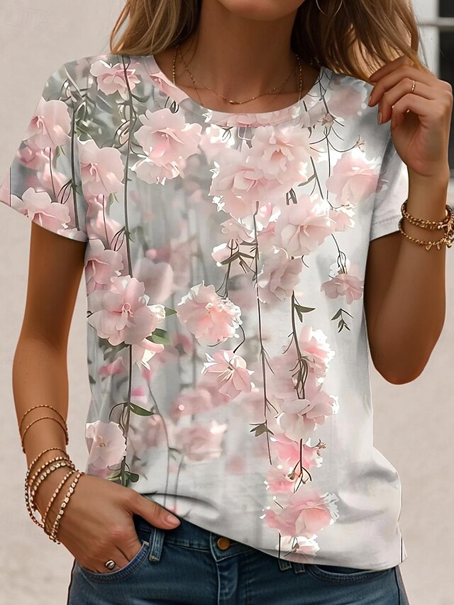 Women's T Shirt Ombre Floral Graphic Vintage Stylish Classic Short Sleeve Crew Neck Round Neck Regular Tops Daily Print Pink Summer4