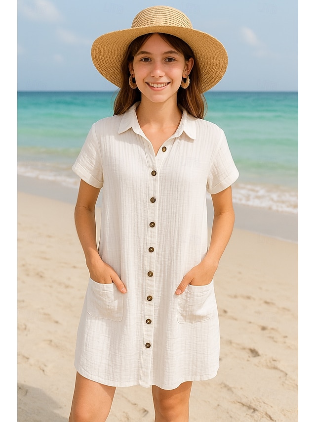  Damen Minikleid Weißes Kleid Hemdblusenkleid Elegant Basic Modern Urlaub Ferien Strand Normale Passform Einfach Kurzarm Hemdkragen Weiß Sommer