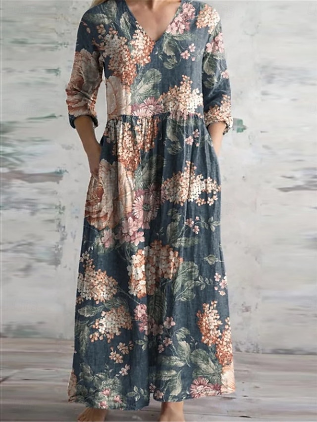  Femmes Robe Longue Maxi Robe Robe Décontractée Robe d'été Robe bohème Mode Vacances Quotidien Week-end Coupe régulière Fleuri manche longue Col en V Blanche Vert Claire Rose Claire Bleu Été