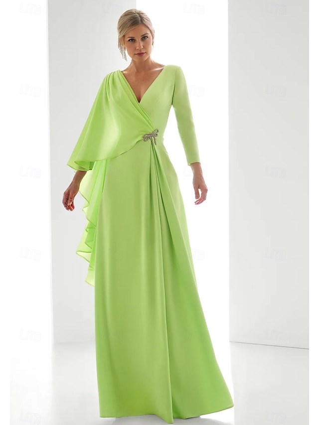  Grønn Chiffon A-Line Kveldsdrakt Elegant Bryllupsgjestekjole Formell Gulvlengde Langermet V-Hals med Splitt