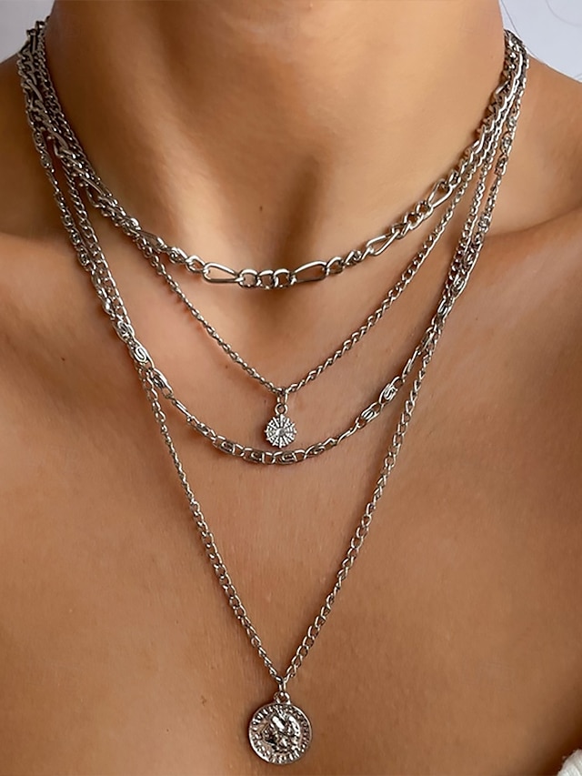  Gold and Silver Multi-Layered Pendant Necklace with Sun and Coin Charms, Trendy Bohemian Jewelry for Women, Perfect for Casual Wear and Summer Outings