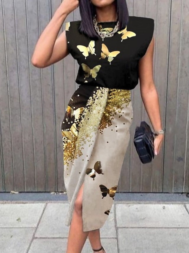  Per donna Abito maxi Abito a Portafoglio Abito aderente Abiti semi formali Ufficio Vestibilità regolare Ombre Grafico Farfalla Senza Maniche Girocollo Nero Oro Grigio Estate