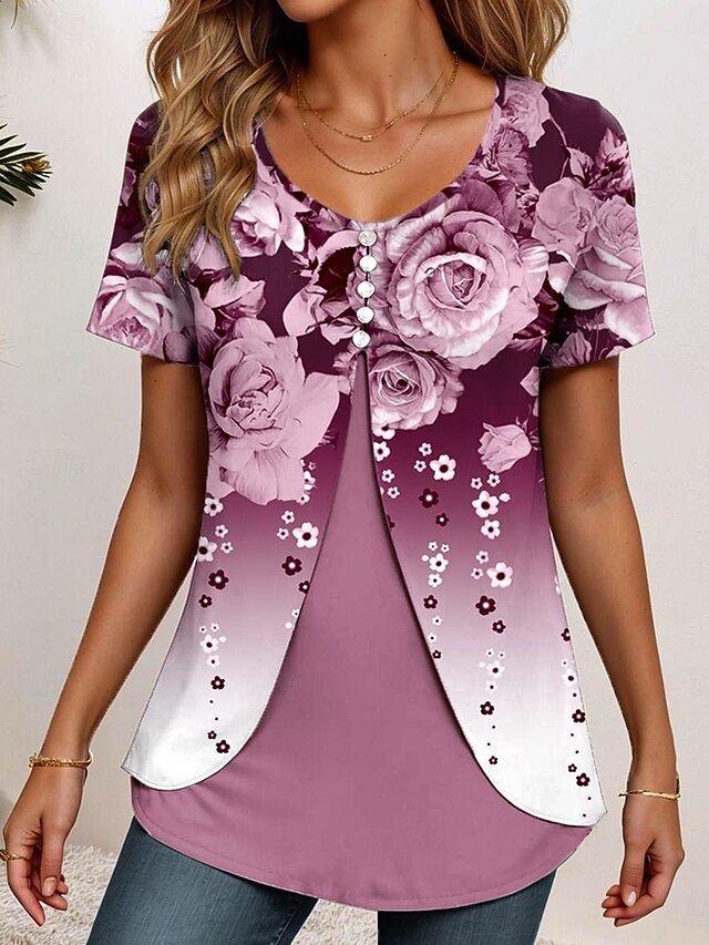  Damen T Shirt Ombre Blumen Grafik Elegant Vintage Stilvoll Kurzarm Rundhalsausschnitt Rundhals Normale Oberteile Täglich Ausgehen Patchwork Knöpfe Gestuft Staubiges Blau Fuchsie Sommer Frühling