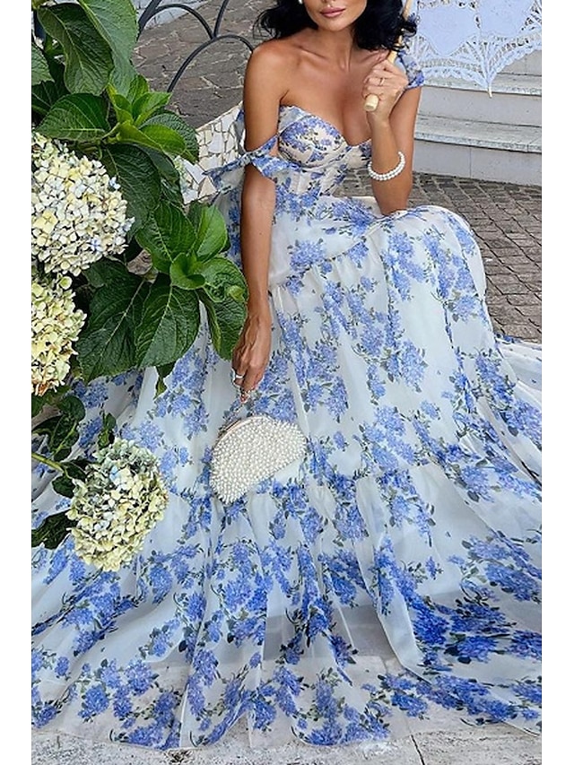 Women's Long Dress Maxi Dress Party Dress Cocktail Dress Fashion Party Special Occasion Regular Fit Flower Sleeveless Spaghetti Strap Blue Light Purple Summer