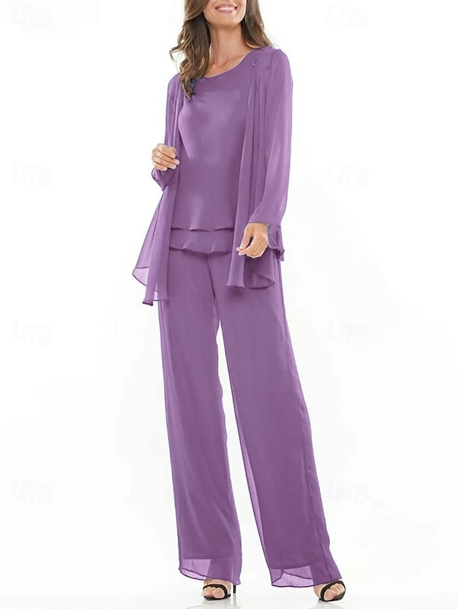  Terno azul roxo com calça, vestido de mãe da noiva, 3 peças, elegante, gola redonda, comprimento até o chão, chiffon, manga comprida, incluso com bordado em renda 2025