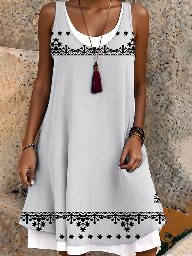  Dames Halflange jurk Tank-jurk Modieus Klassiek Buiten Dagelijks Weekend Normale pasvorm Grafisch Geometrisch Mouwloos Strakke ronde hals Zwart en Wit Lente Herfst